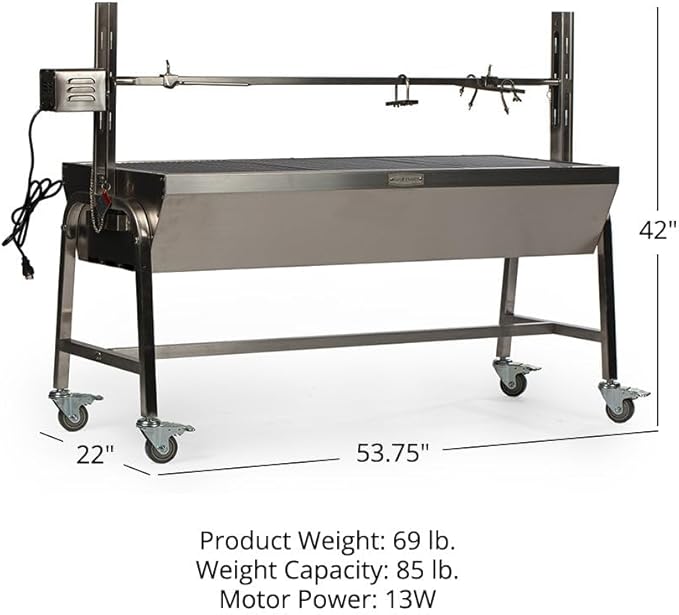 Ash & Ember 13W Stainless Steel Rotisserie Grill, Rated 85 LB for Medium Game, 4 RPM Rotation Speed, Outdoor Grill with Dual Prong Spit Rod, Single Leg Bracket, and Spine Fork