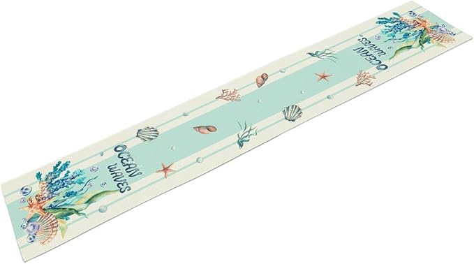 Nautical Coastal Table Runners, Blue Starfish Seashell Coral Summer Watercolor Undersea Ocean Waves Beach Table Center Decor for Holiday Party Kitchen Outdoor Farmhouse Table Decorations, 13" X 36"