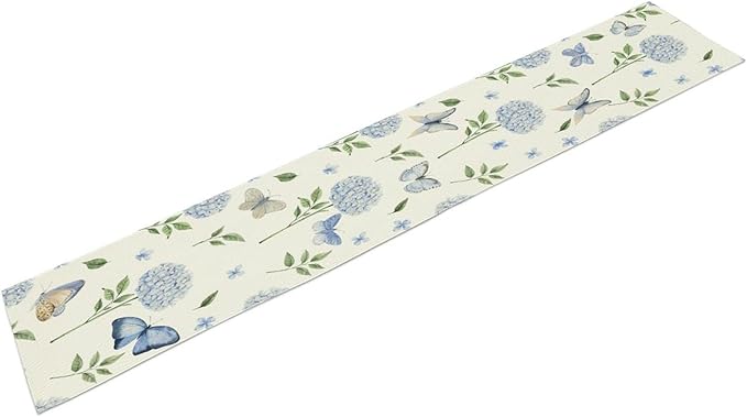 Hydrangea Butterfly Table Runner, Seasonal Spring Summer Table Runner for Holiday Kitchen Dining Home Party Outdoor 13x90in