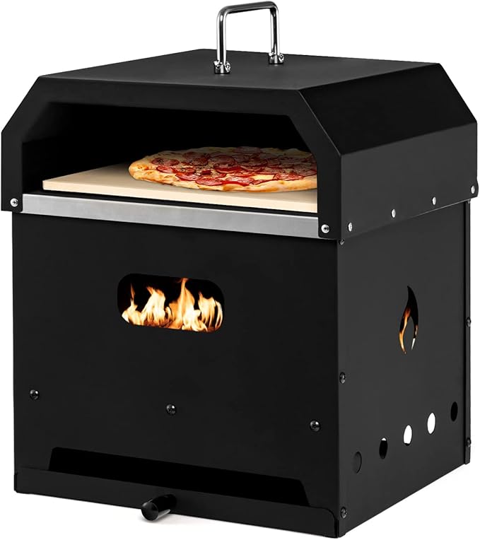 Giantex 4-in-1 Outdoor Pizza Oven Wood Fired, 2-Layer Pizza Maker Grill with Stone, Peel, Waterproof Cover, Cooking Grids, Detachable Grill Oven & Fire Pit for Outside Backyard BBQ