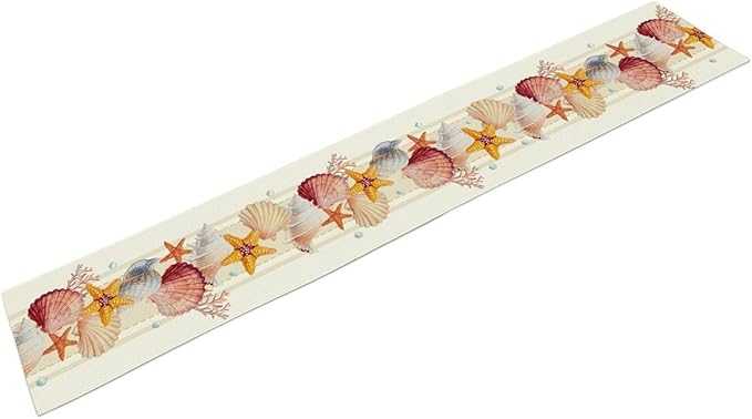 Coastal Table Runner, Yellow Coastal Starfish Coral Shell Pearl Beach Ocean Watercolor Summer Coffee Table Center Decor for Holiday Party Kitchen Outdoor Farmhouse Table Decorations, 13" X 108"