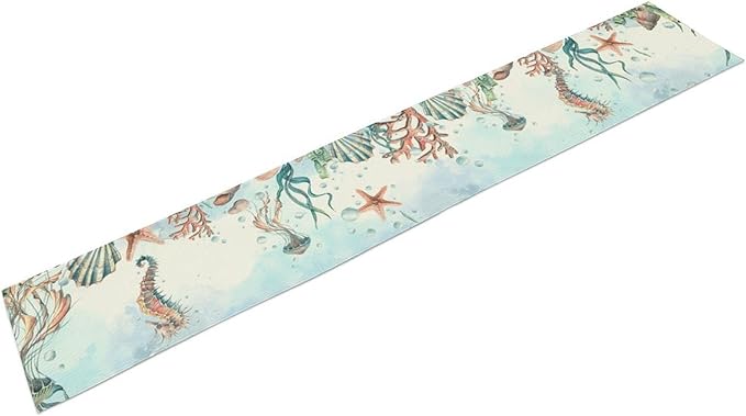 Summer Beach Table Runner, Blue Sea Coastal Nautical Turtle Jellyfish Seashell Ocean Table Runner Seasonal Holiday Home Kitchen Dining Table for Home Party Decor 13"x72"