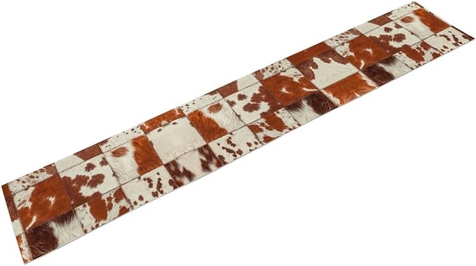 Cow Print Table Runner, Brown Cowhide Print Collage Fur Western Style Table Runner Country Farmhouse Cottage Cow Pattern Linen Table Decoration for Home Kitchen Dining 13x72