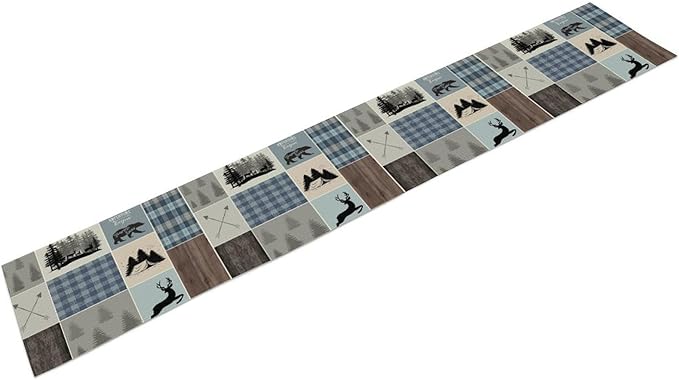 Rustic Bear Deer Table Runner, Blue Checkered Nature Forest Wildlife Farmhouse Cabin Country Table Runner for Outdoor Dining Kitchen Camping Party 13x60in