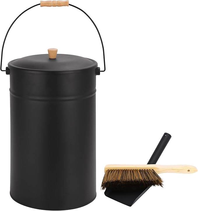 FEED GARDEN 5.15 Gallon Ash Bucket with Lid,Shovel,Broom Ash Can for Fireplace Fire Pits,Wood Stoves,Fireplace Galvanized Iron Bucket,Pellet Charcoal Bucket,Indoor Outdoor,Black