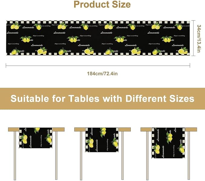 Lemon Table Runner,White Black Buffalo Plaid Watercolor Summer Fruit Print Table Runner for Kitchen Dining Table Indoor Outdoor Home Party Decor 13x120in