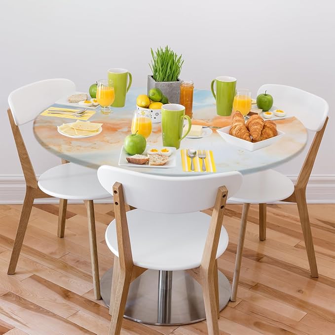 Marble Ripple Orange Blue Round Table Cloth Cover, Elastic Edge Waterproof Wipeable Tablecloths 45"-56" Polyester Tablecloth for Party Restaurant Banquet Holiday Camping Outdoor Picnic