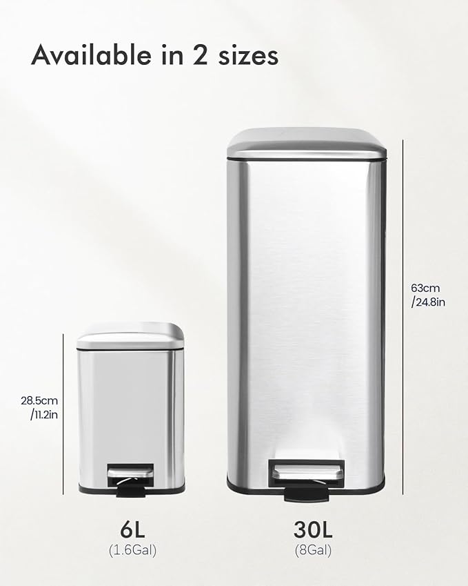 8 Gallon SquareTrash Can with Soft Close Lid, Stainless Steel Trash Can with Removal Inner Bucket, Hand -Free Trash Bin for Kitchen, Office, Laundry, Bathroom, 30 Liter Capacity, Silver