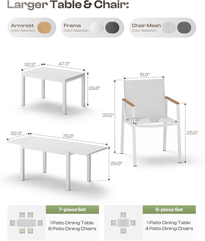 Outdoor Dining Chairs Set of 2, Aluminum Patio Dining Chairs with Textilene Fabric & HDPS Armrest for Ergonomic Design, All-Weather Outdoor Furniture for Garden and Indoor, White