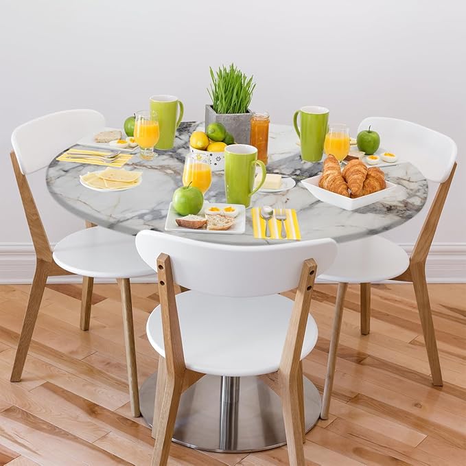 Natural Marble Texture Round Table Cloth Cover, Elastic Edge Waterproof Wipeable Tablecloths 36"-42" Polyester Tablecloth for Party Restaurant Banquet Holiday Camping Outdoor Picnic