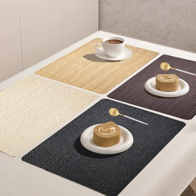 PIGCHCY Waterproof PVC Place Mats Set of 6, Non-Slip Faux Leather Placemats Rattan Pattern Surface Table Mats for Wedding/Birthday Party/Kitchen (18"x12", Cream)