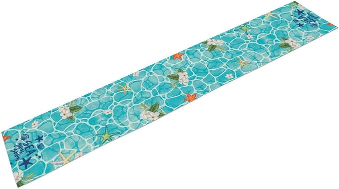 Summer Starfish Table Runner, Blue Sea Coastal Tropical Flower Beach Nautical Starfish Ocean Table Runner Seasonal Holiday Home Kitchen Dining Table for Home Party Decor 13"x108"