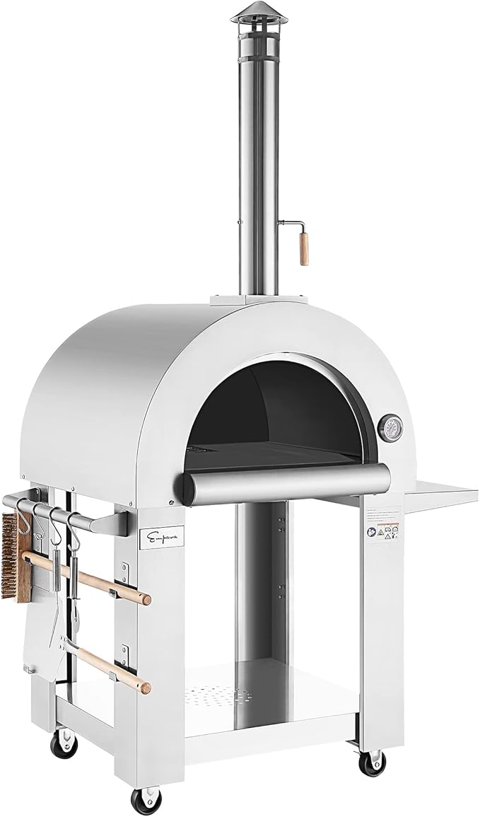 Empava Commercial-Style Pizza Oven Outdoor with Side Panel and Wheels, Wood Fired for Grill & Outside Camping Backyard Party in Stainless Steel,33 Inch, Silver
