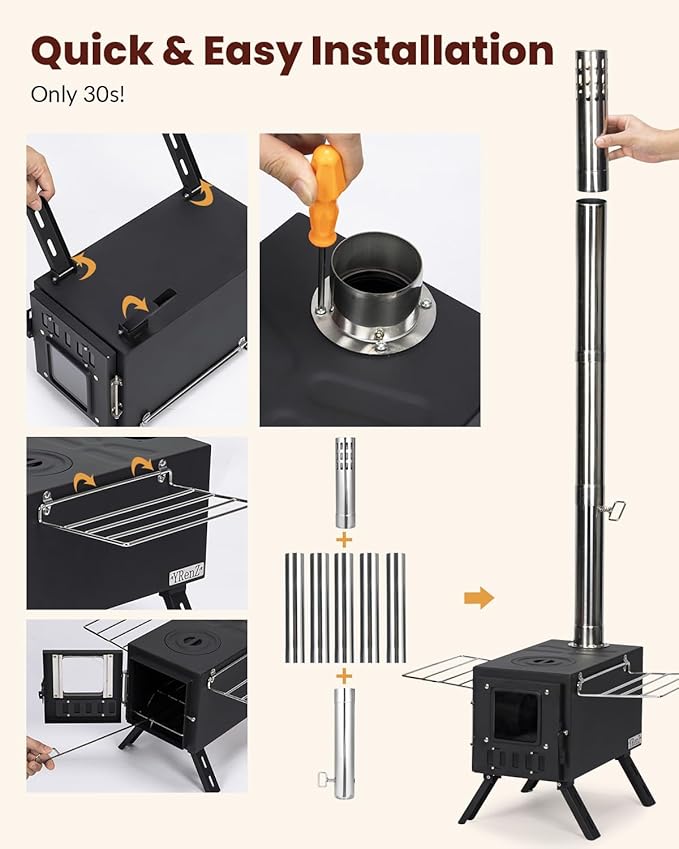 Upgraded Portable Wood Stove for Camping, YRenZ Compact Tent Stove with Large Firebox, High Airtightness for Outdoor Cooking & Heating