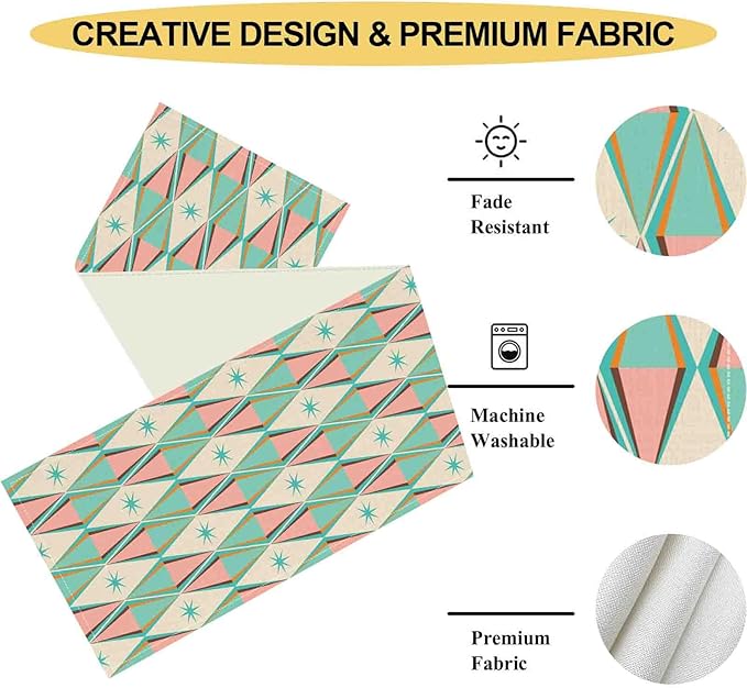 Geometric Table Runner, Retro Mid Century 1950s Modern Abstract Teal Pink Checkboard Coffee Table Center Decor for Home Kitchen Dining Patio Holiday Party Table Decorations, 13"x108" Inch