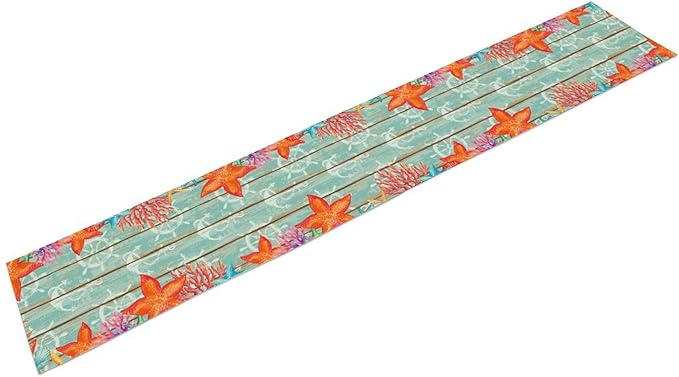 Blue Starfish Table Runner,Nautical Beach Wooden Ocean Table Runner Seasonal Holiday Home Kitchen Dining Table for Home Party Decor 13"x108"