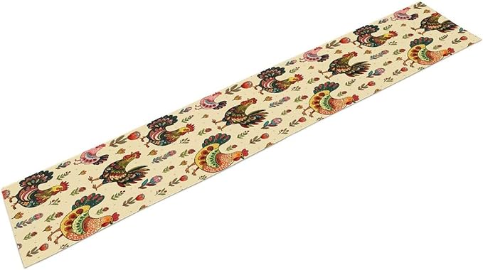 Rustic Farm Animal Table Runner, Vintage Rooster Boho Flowers Table Runner for Kitchen Dining Holiday Home Party 13x90in