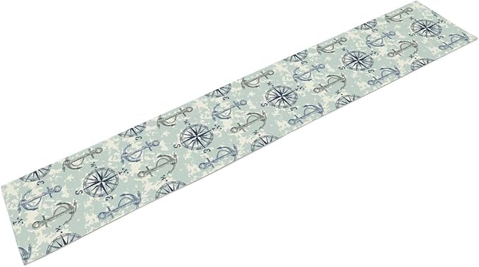Summer Beach Table Runner, Blue Sea Coastal Nautical Sailboat Map Sketch Compass Ocean Table Runner Seasonal Holiday Home Kitchen Dining Table for Home Party Decor 13"x108"