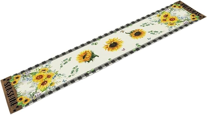 Sunflower Table Runner, Buffalo Floral Seasons Spring Summer Fall Table Runner for Kitchen Dining Farmhouse Home Party Outdoor 13x36in