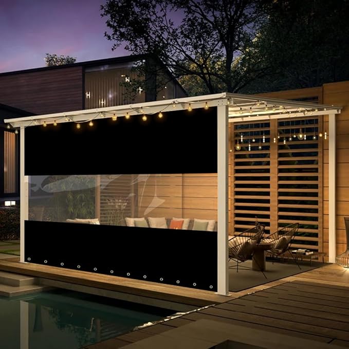 Covers & All Outdoor Clear Panel Curtain, 12 oz Vinyl Outdoor Curtains for Patio, Weather Resistant Waterproof Tarp with Brass Grommets for Pergola, Porch, Gazebos, Balcony (8'H x 9'W Feet, Black)