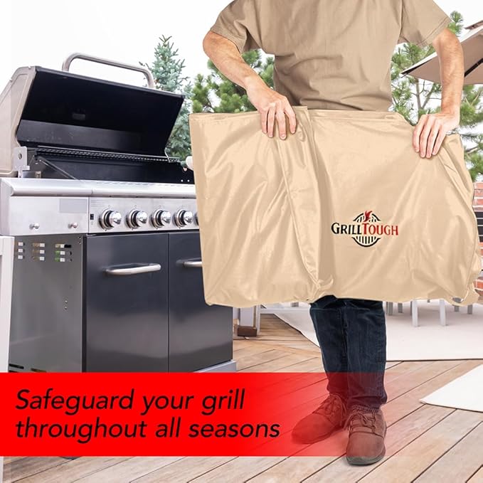 Heavy Duty BBQ Grill Cover for Outdoor Grill, 58 Inch – Waterproof, Weather Resistant, UV & Fade Resistant with Adjustable Straps – Gas Grill Cover for Weber, Genesis, Charbroil, etc. Tan