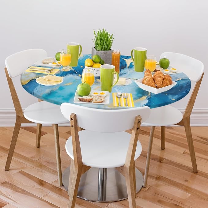 Marble Pattern Ink Blue Round Table Cloth Cover, Elastic Edge Waterproof Wipeable Tablecloths 36"-42" Polyester Tablecloth for Party Restaurant Banquet Holiday Camping Outdoor Picnic