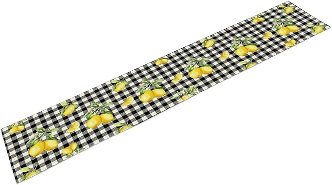 Fresh Lemon Table Runner, Yellow Lemon Black White Buffalo Check Plaid Table Runner for Farmhouse Coffee Home Kitchen Dining 13x90in