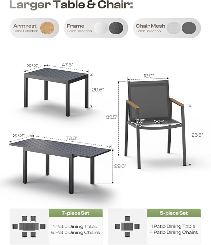 Outdoor Dining Chairs Set of 2, Aluminum Patio Dining Chairs with Textilene Fabric & HDPS Armrest for Ergonomic Design, All-Weather Outdoor Furniture for Garden and Indoor, Gray