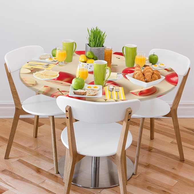 Apples Red Fruit Bright Round Table Cloth Cover, Elastic Edge Waterproof Wipeable Tablecloths 45"-56" Polyester Tablecloth for Party Restaurant Banquet Holiday Camping Outdoor Picnic