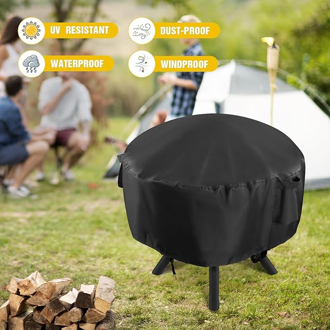 POMER Patio Fireplace Cover, Round Fire Pit Cover for 32 Inch Outdoor Fireplace Waterproof Heatwave Fire Bowl CoverRound -32" D x 16"H
