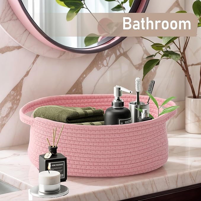 Woven Basket,Small Rope Storage Bin with Handles & Ribbon Bag, Organizer for Shelves Closets,Gift Basket Empty for Birthday,Books,Dog Toys, Pink/3 Pack