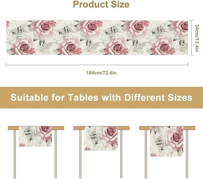 Pink Rose Floral Table Runner,Abstract Watercolor Flower Pattern Modern Romantic Kitchen Dining Table Decoration for Wedding Holiday Home Party 13x108in