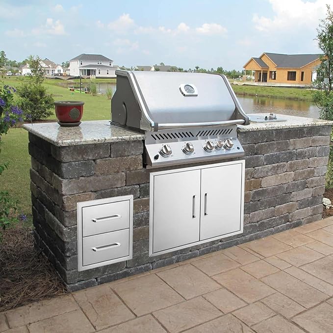 Outdoor Kitchen Drawers Stainless Steel 2-Drawer BBQ Drawer 14" W x 15" H x 23" D Enclosed Built-in Drawer Flush Mount for Outdoor Kitchens & BBQ Islands