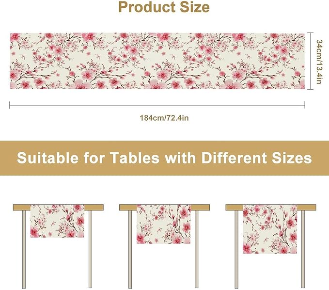 Cherry Flower Table Runner, Seasonal Spring Cherry Blossoms Branches Watercolor Floral Print Table Cover for Kitchen Dining Table Indoor Outdoor Party Decor, 13x108inch