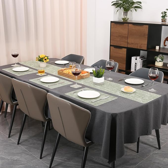 Table Runners 94 Inches Long, Dual-Sided Faux Leather Farmhouse Table Runner Waterproof Heatproof Non-Slip for Living Room Party Home Decor Holiday Decorations(Gray Grass Green, 15 x94 Inch)