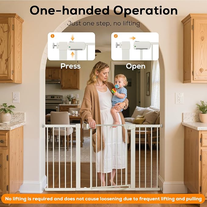 29.5-54.2" Baby Gate for Stairs, Baby Safety Essentials, Auto Close Gate for Doorways, Easy Install Pressure Mounted Dog Gate Indoor, Pet Gates for Dogs, White