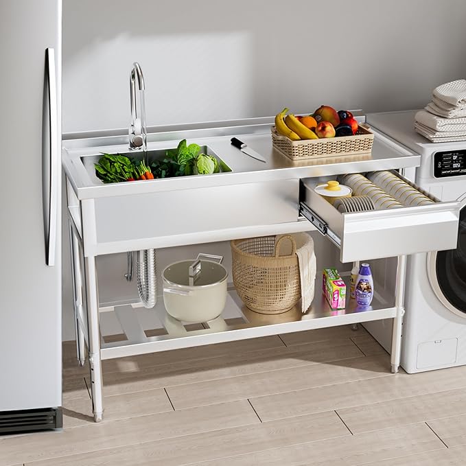 WOEDEN 47" 304 Stainless Steel Sink, Free-Standing Commercial Sink with Workbench, Drawer Storage & Hot/Cold Water Pipes for Laundry, Farmhouse & Outdoor Use