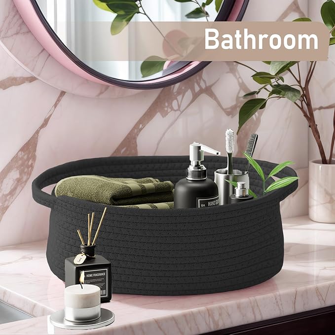 Woven Basket,Small Rope Storage Bin with Handles & Ribbon Bag, Organizer for Shelves Closets,Gift Basket Empty for Birthday,Books,Dog Toys, Black