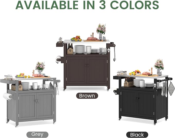 Weatherproof HIPS Outdoor Kitchen Island with Stainless Steel Top & Storage Cabinet, Movable Prep Table with Wheels for BBQ Food Prep, Outdoor Grill Cart for Parties, Brown