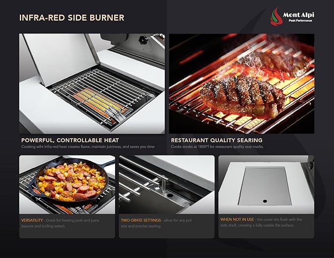 Mont Alpi MAi400-D 4-Burner 78000 BTU Deluxe Stainless Steel Outdoor Kitchen Island Gas Grill + Infrared Side & Rear Burners + Rotisserie Kit + Storage Cabinets + Granite Countertops + Grill Cover