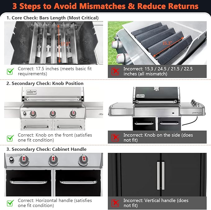 QuliMetal 17.5 Inch Flavorizer Bars for Weber Genesis 300, Genesis E-310 E-320 E-330 Grills with Front Controls Knobs (2011-2016), Stainless Steel Grill Heat Plates for Weber 7620 7621