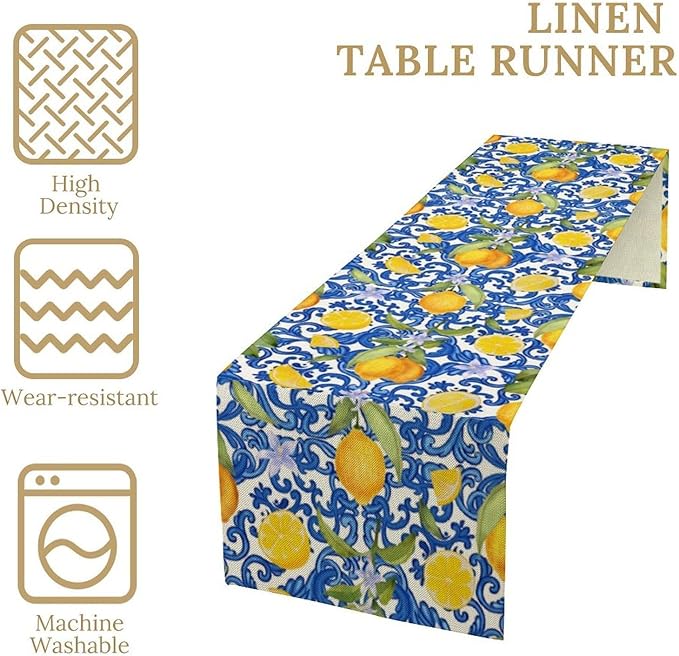 Rustic Lemon Table Runner,Vintage Morocco Blue Mediterranean Spring Summer Fruit Print Table Runner for Farmhouse Kitchen Dining Table Home Party Decor 13x36in