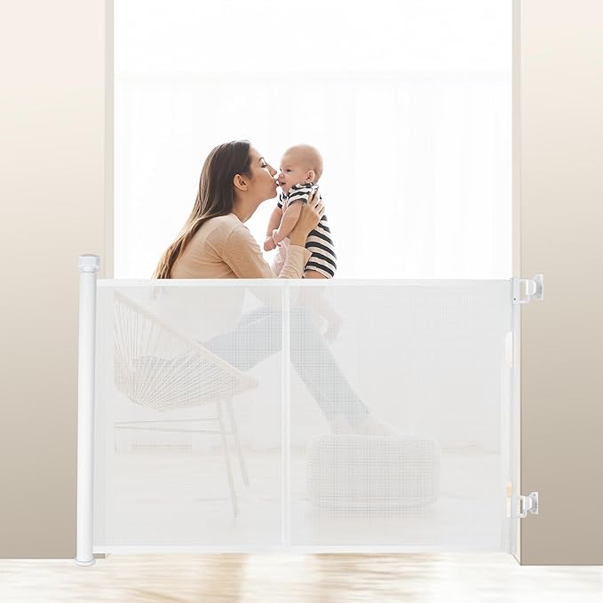 55 inches Retractable Baby Gate, 34 inches Tall Extra Wide Pet Gate for Stairs, Hallways and Doorways, Indoor Outdoor Safety Gate for Toddlers & Small Dogs, White