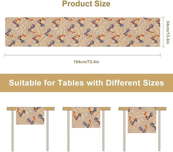 Cute Roosters Table Runner, Boho Rustic Cock Chicken Vintage Arch Floral Plants Print Table Cover for Holiday Kitchen Dining Table Indoor Outdoor Home Party Decor, 13x70inch