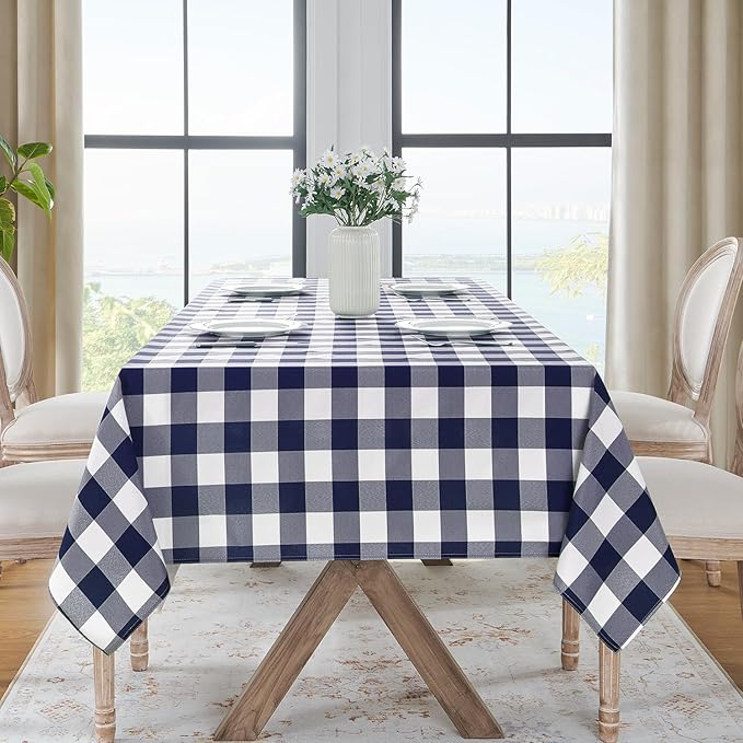 Softalker Gingham Checkered Tablecloth Rectangle - Outdoor Waterproof Buffalo Plaid Table Cloth, Stain Resistant Washable Table Cover for Picnic, Camping, Dining - Navy Blue and White, 60 x 120 Inch