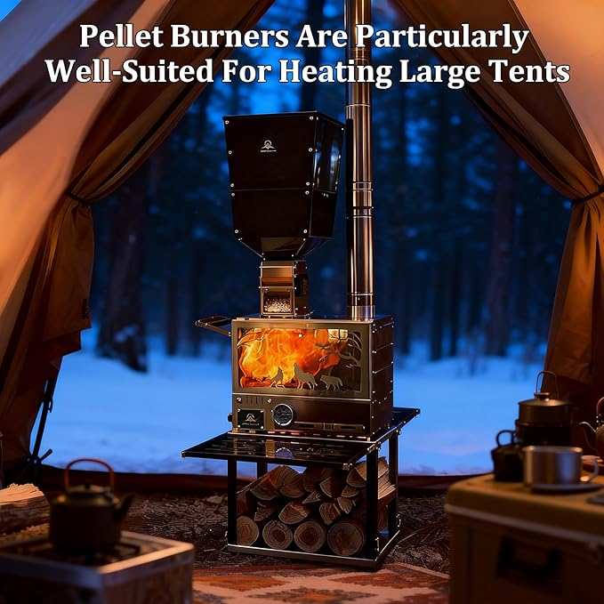 M8 Pellet Stove Pro with Pellet Burner/Oven/Base/Camping Table—Portable Stainless Steel IGT Hot Tent Stove, Includes 6 Chimney Pipes, Suitable for Outdoor Camping and Cooking