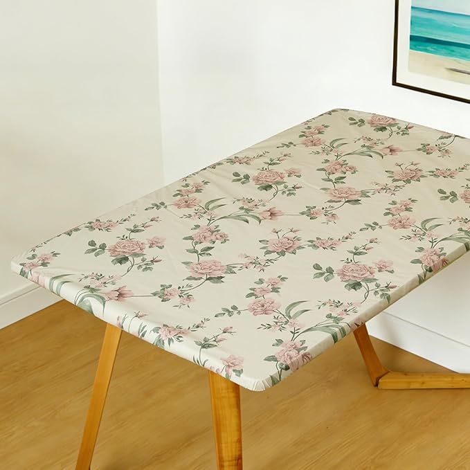 Rectangle Picnic Table Cloth, Elastic Waterproof Fitted Vinyl Tablecloths for 5 Foot Tables, Wipeable Flannel Backed Table Covers for Dining, Camping, Outdoor(Rose,36"x60")