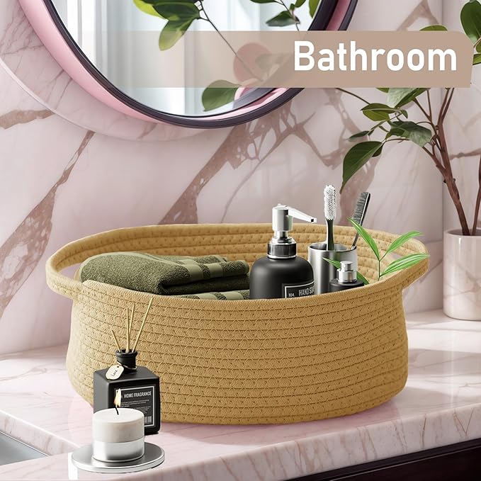 Woven Basket,Small Rope Storage Bin with Handles & Ribbon Bag, Organizer for Shelves Closets,Gift Basket Empty for Birthday,Books,Dog Toys, Jute/2 Pack