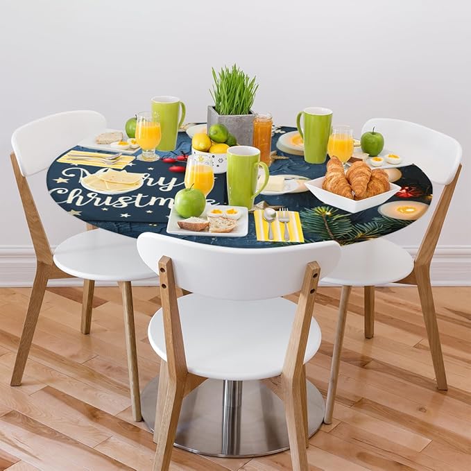 Merry Christmas Candle Star Round Table Cloth Cover, Elastic Edge Waterproof Wipeable Tablecloths 45"-56" Polyester Tablecloth for Party Restaurant Banquet Holiday Camping Outdoor Picnic