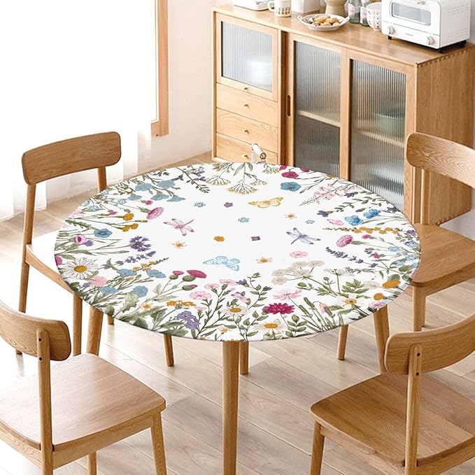 Spring Summer Floral Round Fitted Tablecloth with Elastic Wildflower Butterfly Circle Table Cloth for 48-52" Tables Wipeable Waterproof Farmhouse Easter Flowers Table Cover for Picnic Outdoor Dining